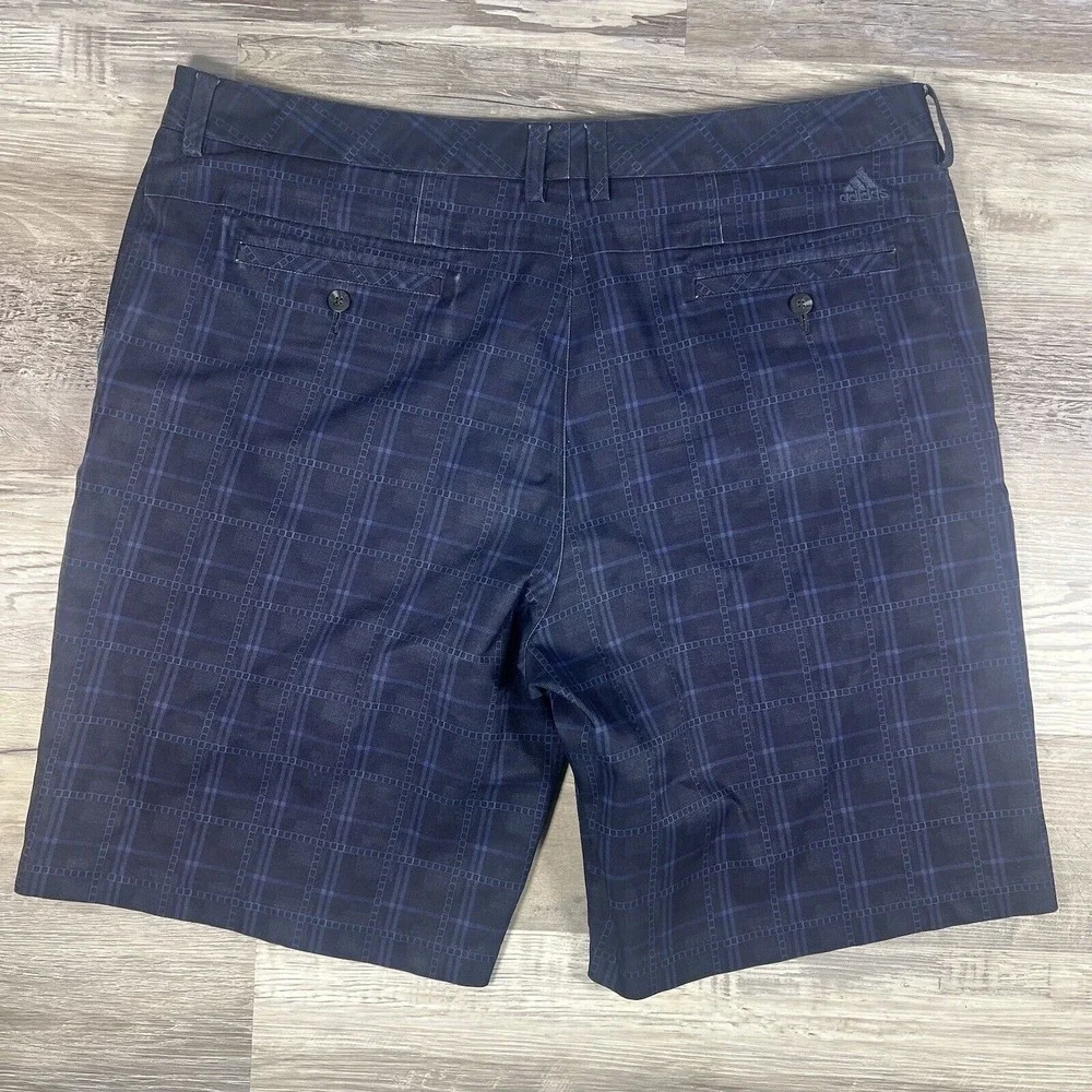 Adidas Shorts Mens 40 Blue Plaid Chino Flat Front Bermuda Golf Logo‎